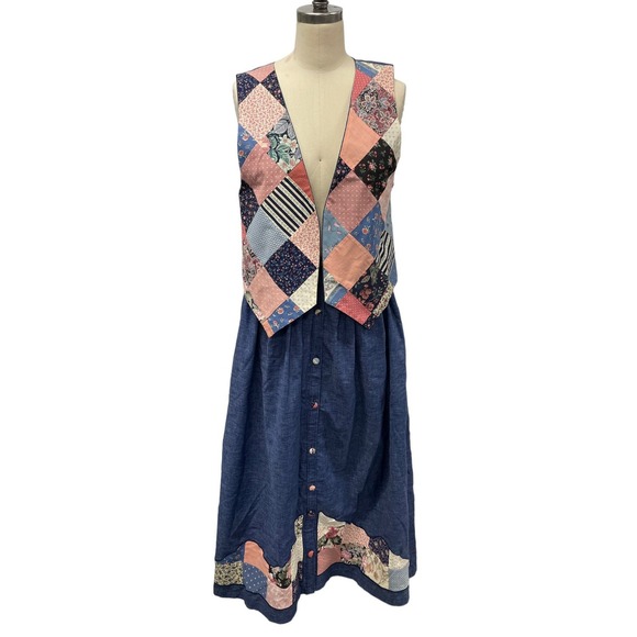 Handmade Dresses & Skirts - Handmade‎ Dress Skirt Vest Denim Patchwork Blue Pink